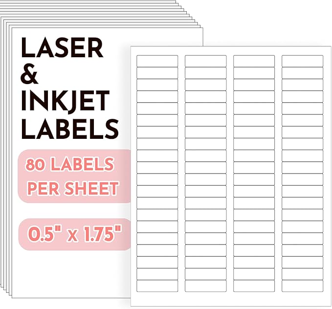 0.5" x 1.75" Return Address Labels, 3200 White Printable Shipping Labels, 40 Sheets, Compatible with Laser & Inkjet Printers, Self-Adhesive Stickers for Mailing & Organization
