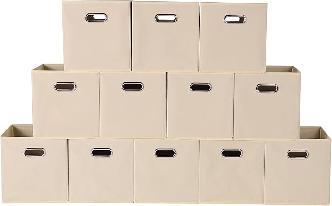 Fabric storage bins Cubes, Fabric Cube Organizer with Handle, Foldable Cube Bins for Cloth or Accessary Storage, 11x11x11, Set of 12, (Creamy White)