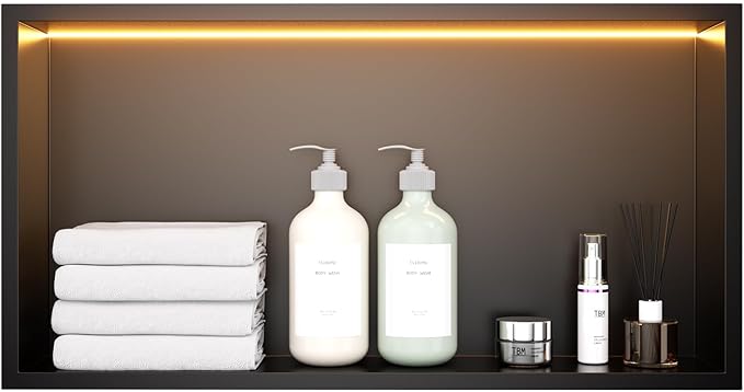 TSIBOMU Stainless Steel 12"x24" LED Lights Shower Niche - No Tile Needed Recessed Wall Niche Waterproof for Walk in Shower Bathroom Storage, Matte Black