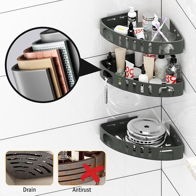 Adhesive Corner Shower Shelf No Drill | Rust-Proof Aluminum Alloy Stick On Bathroom Organizer with Shaving Holder for Shampoo, Conditioner, Soap, Razors Grey 3 Pack