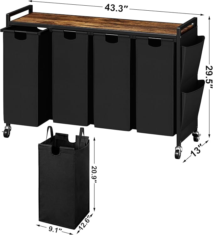 WOWLIVE 4-Compartment Laundry Hamper with Lid,Rolling Laundry Basket Organizer with Wheels, Iron-Made Laundry Sorter with Top Shelf and 4 Removable Bags,Large Clothes Storage for Room,Black