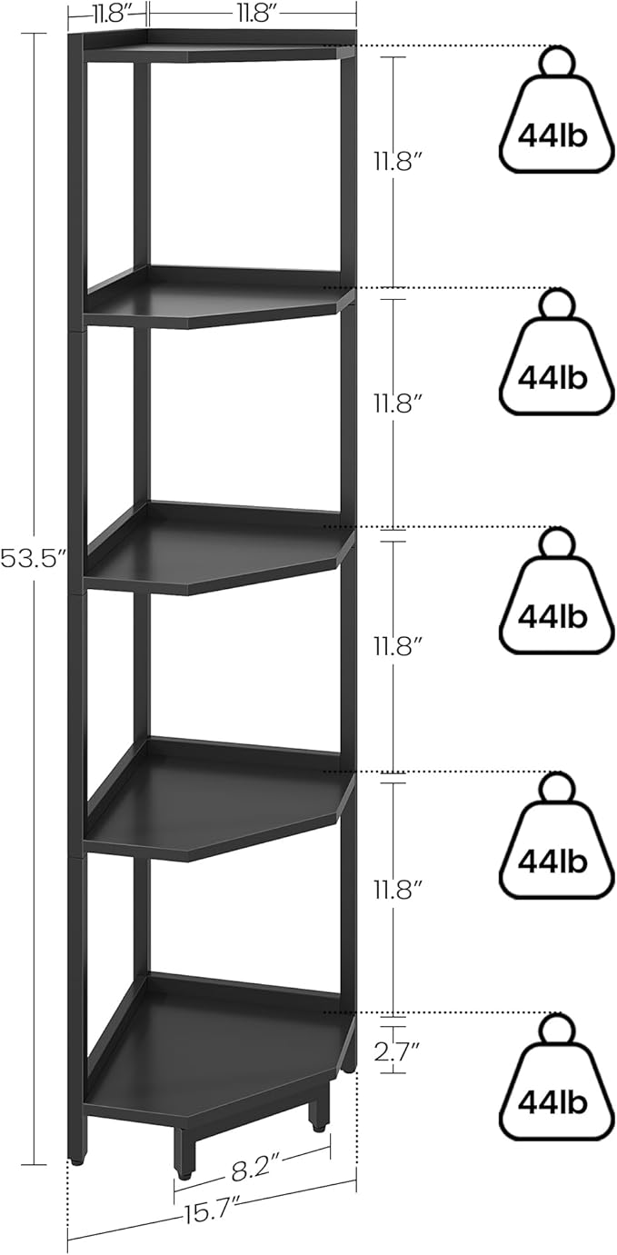 Corner Shelf Stand, Corner Bookshelf, Storage Standing Shelf Unit with Metal Frame, Plant Stand, Bookcase for Living Room, Home Office, Bedroom, 5-Tier Black CS05906B