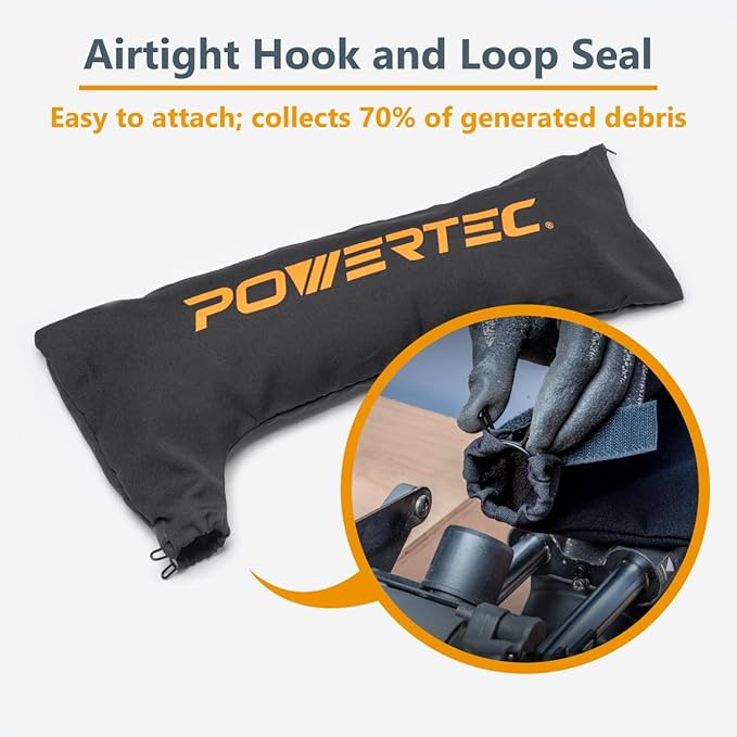 POWERTEC Table Saw Dust Collector Bag for 8-1/2", 10" Table Saw. Fits Nominal 2-1/2" Dust Ports, Hook and Loop Dust Bag w/Zipper and Spring Clasp for Easy to Attach, 2 PK (75074-P2)