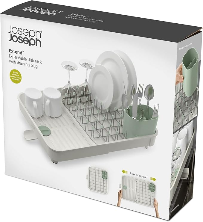 Joseph Joseph Extend Expandable Dish Drainer Rack with Removable Flatware Holder Swivel Draining Spout - Stone/Sage Green