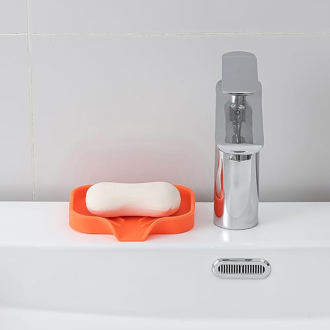 MicoYang Silicone Bathroom Soap Dishes with Drain Spout-Bathroom and Kitchen Sink Organizer,Sponge Holder,Dish Soap Tray,Perfect for Dispenser,Scrubber,Bottle,Cup on Sink or Counter-Orange 4.9"×3.2"