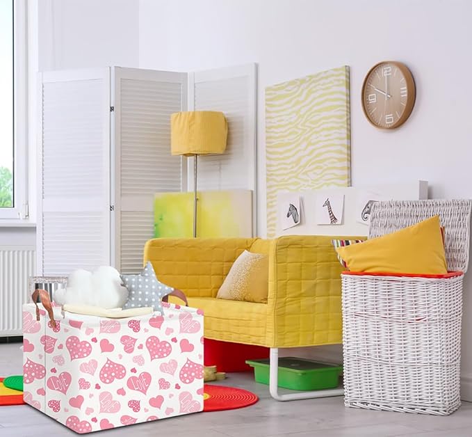 Rectangular Pink Gift Basket Empty,Fabric Storage Basket with Handles,Books Box,Lovely Storage Bin,Room Decor,Gift Basket (Polka Dot Heart)