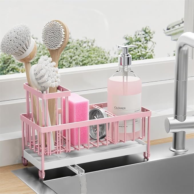 Cisily Sponge Holder for Kitchen Sink, Sink Caddy Organizer with High Brush Holder, Kitchen Countertop Organizers and Storage Essentials, Rustproof 304 Stainless Steel (Pink, 9.25″)