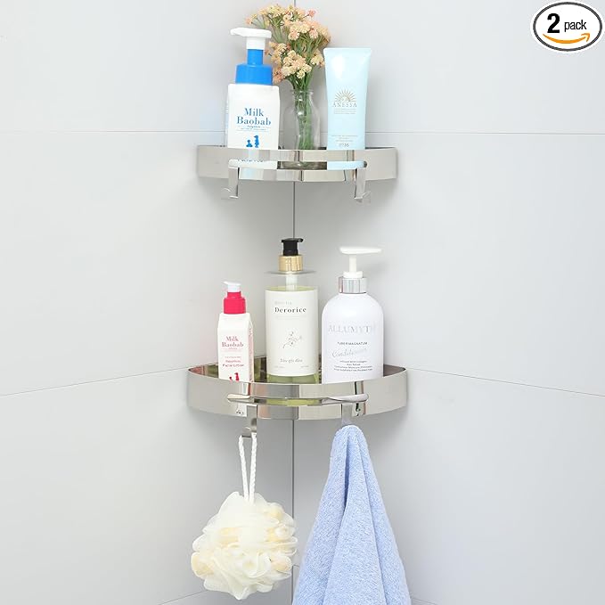 Corner Shower Caddy (2 Pack), Wall Mounted Bathroom Shelf with Adhesive, Drill free,Storage Organizer for Bathroom, Kitchen and Dorm, SUS304 Stainless Steel