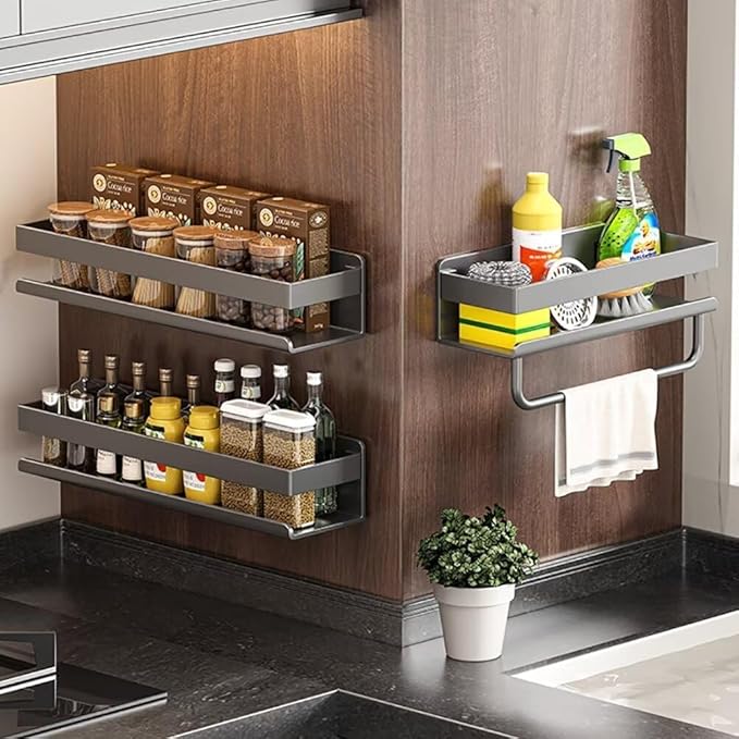 Wall mount Carbon steel Kitchen utensils seasoning spice storage rack, oil salt, sauce vinegar condiment storage rack, Bathroom toiletries organizer with mobile hooks (1 Pack (with bar and hooks))