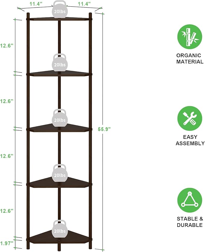 Wisuce Corner Shelf Stand - 5 Tier Walnut Bamboo Small Corner Bookshelf for Office Kitchen Bedroom Plant Stand Living Room Decor Small Space