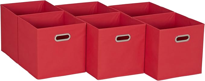Household Essentials Foldable Fabric Storage Cubes 6-Pack – 11x11x11 Stackable Non-Woven Bins with Chipboard Sides & Grommet Handles – Closet, Shelf, Nursery, or Office Organizer – Regal Red