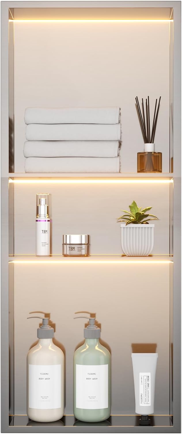 TSIBOMU Stainless Steel LED Lights Shower Niche 12" x 30" – Recessed Wall Niche with 3-Tier Storage, Waterproof & Rustproof Modern Bathroom Shower Shelf (Brushed)