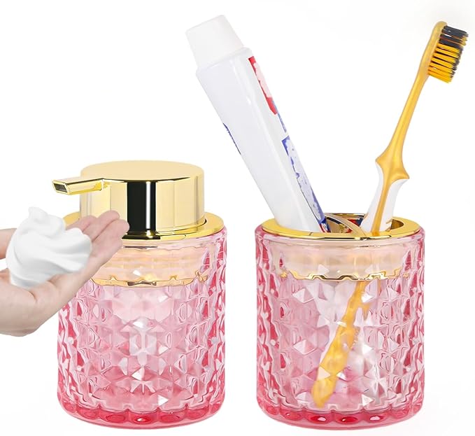 Pink Bathroom Accessories Set,2pcs Glass Bathroom Accessory Set with Foam Soap Dispenser and Toothbrush Holder,Gold Soap and Toothbrush Holder Sets,Perfect for Housewarming Gift,Home Decor