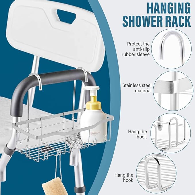 Shower Caddy Hanging, Stainless Steel Showers Organizer Rack with Hooks and Suction Cup for Elderly Seniors Disabled Handicap