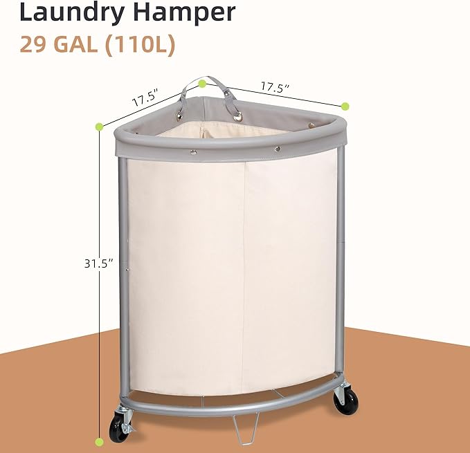 STORAGE MANIAC Corner Laundry Hamper, 110L Commercial Laundry Hamper with Heavy Duty Steel Frame and Removable Bag, Industrial Rolling Laundry Sorter, Heavy Duty Laundry Basket Organizer, Beige