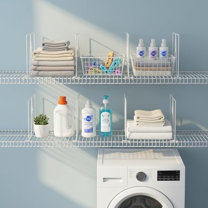 Wire Shelf Dividers - White Closet Organization & Storage Organizer - No Tool Shelf Divider for Wire Shelves - Metal Shelf Accessories – for 12“ Deep Wire Shelves – Tall 12” Height – 24 Pack