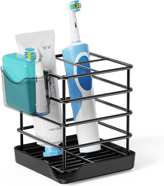 Toothbrush Holders for Bathrooms, Stainless Steel Toothbrush and Toothpaste Holder, Kids Electric 3 Slots Tooth Brushing Holder Stand for Bathroom Accessories Organizer with Tray, Black