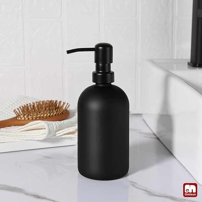 GMISUN Black Soap Dispenser, Dish/Hand Soap Dispenser with Matte Black Stainless Steel Pump, 15 fl oz/450ml Glass Soap Dispensers Set for Kitchen/Bathroom, Modern Refillable Liquid Lotion Dispenser