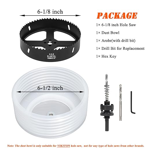 6-1/8 Hole Saw for Recessed Lights, 6.1 Inch Hole Cutter with Dust Bowl Catcher for Led Recessed Lighting 6 Inch and Wood Metal Drywall, Bi-Metal Construction, Black