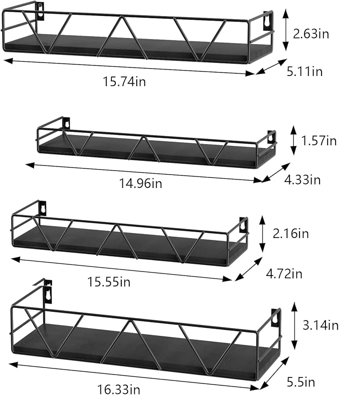 Floating Shelves Set of 4, Home Wood Wall Shelf, Farmhouse Shelf for Bedroom, Wall Mounted Floating Shelf for Living Room, Bedroom, Bathroom, Kitchen, Office (Black)