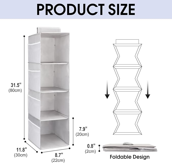 PetsHome 4-Shelf Hanging Closet Organizer, Space Saver, Closet Hanging Storage Shelves with Mesh Pockets & Magic Tap for Storage, Foldable-Grey