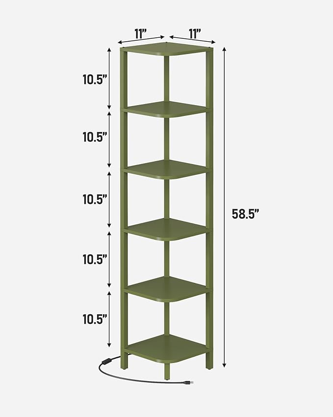TUTOTAK Corner Shelf with LED Light, 6-Tier Corner Bookshelf for Small Space, Narrow Display Corner Shelf Stand with Storage Rack, for Living Room, Bedroom, Olive Green BS08BOG006L