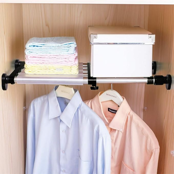 BAOYOUNI Adjustable Shelving Expandable Closet Shelves Tension Rod Clothes Hanger Storage Rack DIY Cabinet Wardrobe Kitchen Bathroom Divider Separator Organizer, Black, 2 Pack
