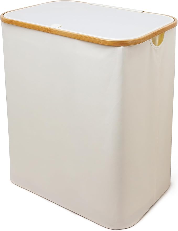 QUALIAZERO 120L Dual Laundry Hamper with Lid – 2-Section Bamboo Frame Hamper with Removable Bags & Easy-Lift Cover, Large Capacity for Families, Bathroom or Bedroom (FEATHER CREAM, DUAL)