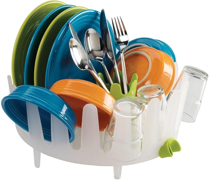Chef'n Plastic Dish Garden Dish Rack, Compact & Stylish - Ideal for Small Kitchens, Space-Saving Two-Tier Design with Movable Utensil Holders & Drain Spout (White/Green)