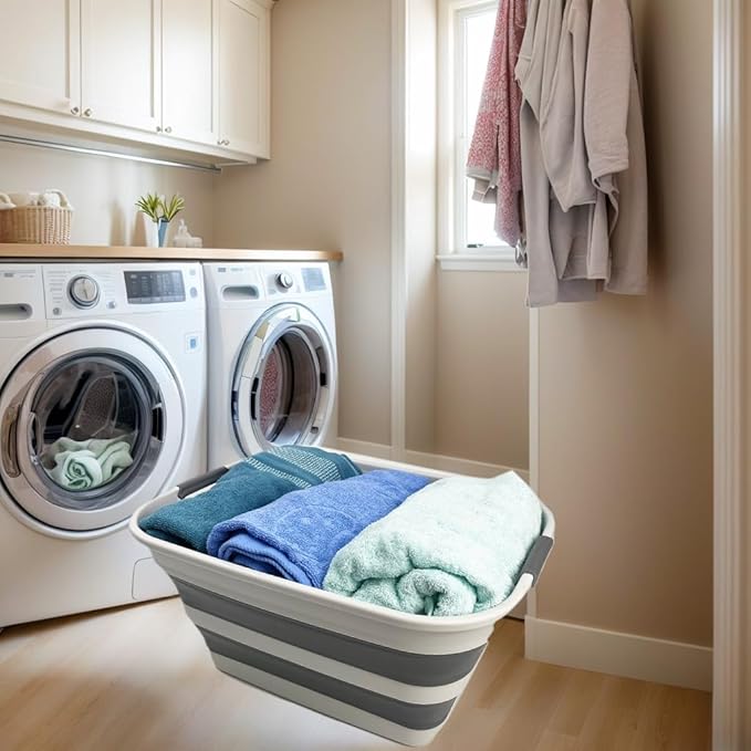 SMMART Collapsible Plastic Laundry Basket with Handle/Foldable Pop Up Storage Hamper/Portable Laundry Organizer-Space Saving Washing Tub/Household Storage Supplies (Grey/Steel Grey, 27L (Set of 2))