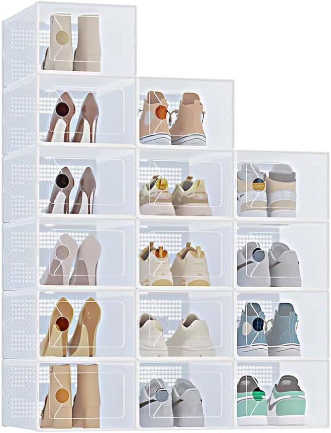 DUMOS Stackable Shoe Storage Boxes, 15-Pack Plastic Shoe Organizers with Lids, Large Shoe Rack & Holder for Closet, Under Bed, Entryway, Sneaker Display and Storage Containers, White