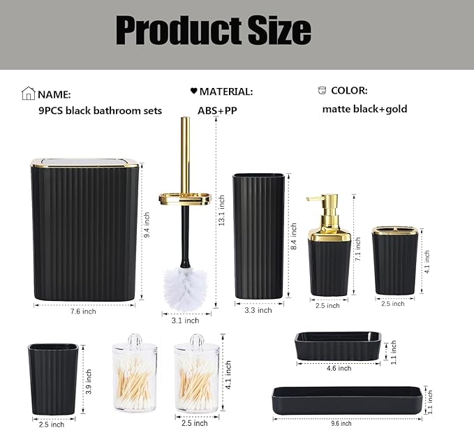 Black Bathroom Accessories Set,9 Piece Black Bathroom Accessory Set with Toothbrush Holder, Trash Can, Lotion Soap Dispenser, Toothbrush Cup, Vanity Tray, Soap Dish, Toilet Brush, Qtip Holder