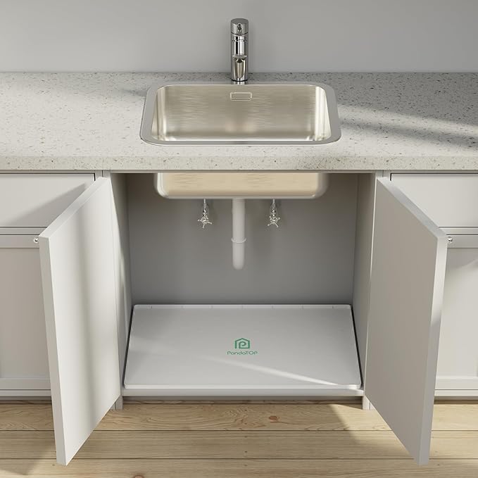 Under Sink Mat, 34" x 22" Silicone Kitchen Cabinet Tray, Waterproof & Flexible Under Sink Liner for Kitchen Bathroom and Laundry Room(White)