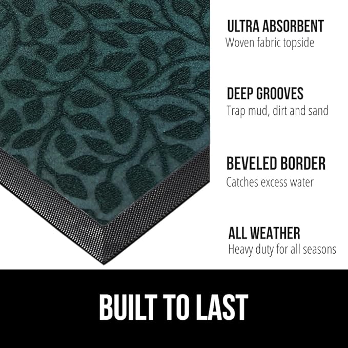 GORILLA GRIP 100% Waterproof All-Season WeatherMax Doormat, 47x35, US Designed Natural Rubber, Stain and Fade Resistant, Low Profile Indoor Outdoor Door Mats, Easy Clean Patio Mat, Moss Vine Leaves