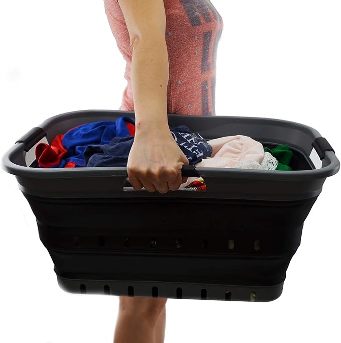 SAMMART 42L (11 gallon) Collapsible Plastic Laundry Basket - Foldable Pop Up Storage Container/Organizer - Portable Basket - Space Saving Hamper/Basket (2, Grey/Black)