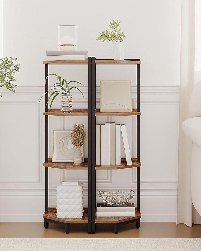 Corner Shelf Stand, Corner Bookshelf, Storage Standing Shelf Unit with Metal Frame, Plant Stand, Bookcase for Living Room, Home Office, Bedroom, 4-Tier Rustic Brown CS05801B
