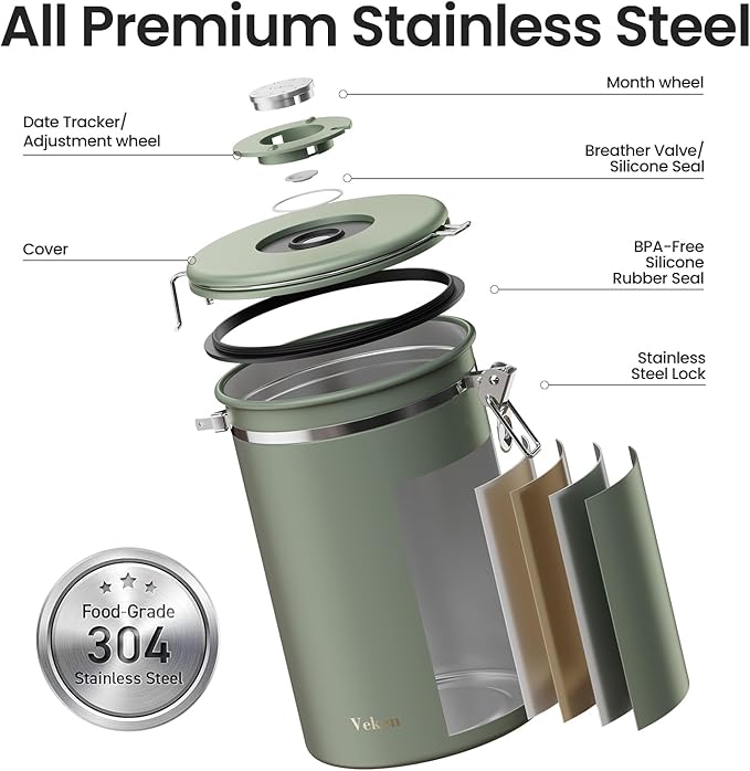 Veken Coffee Canister, 39OZ Large, Airtight Stainless Steel Food Storage Container for 2.2lbs Coffee Beans, Ground, Sugar, Tea, Flour, Cereal, Kitchen Bar Accessories with Date Tracker & Scoop, Green