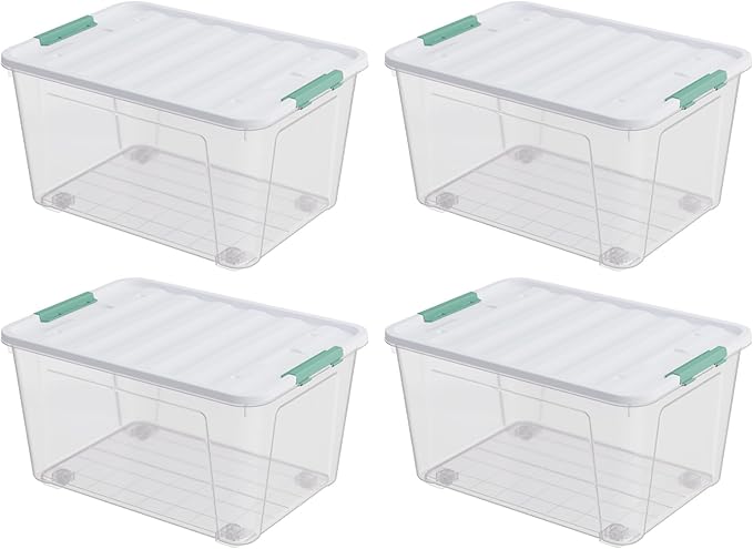 Haodehen 4-Pack Clear Plastic Storage Box with Wheels, 85 Quart Large Plastic Storage Bins with Latch Lids