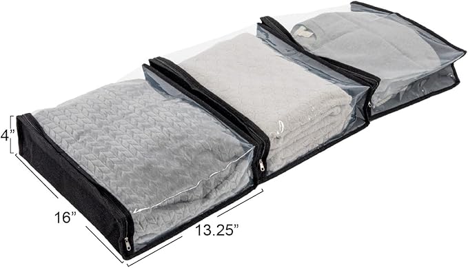 Household Essentials Under Bed Zippered Sweater Storage Bags with Clear Vision Panel, Set of 3, Black