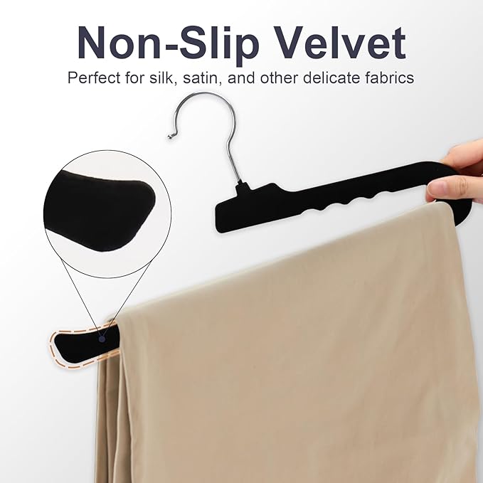 Velvet Pants Hangers - 16 Pack Black Non Slip Open Ended Hanger with 360 Swivel Hook - Closet Space Saving Hanger for Heavy Pants, Jeans, Trousers, Scarf
