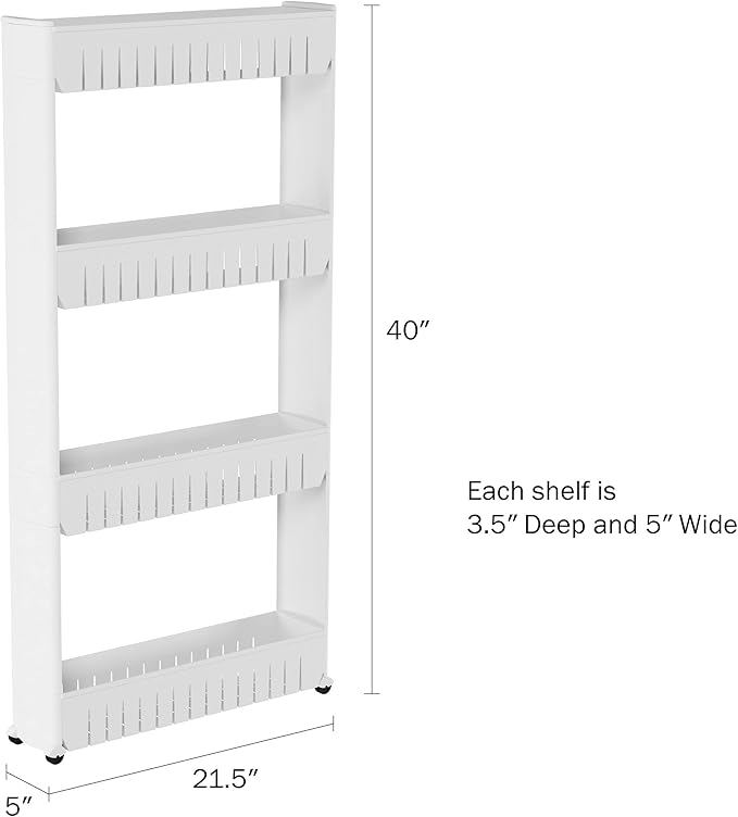 4-Tier Storage Organizer Rack - Plastic Rolling Cart for Office, Dorm, Bedroom, Bathroom, and Laundry Room Organizing by Lavish Home (White)
