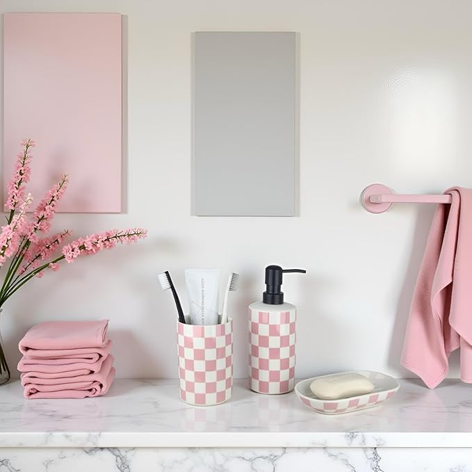 Pink Bathroom Toothbrush holder set, Cute Ceramic Bathroom Accessories, Includes Hand Soap Dispenser, Tooth Brush Holder, and Soap Dish, Funny Bathroom Accessories sets for Girls Woman Guest Bathrooms