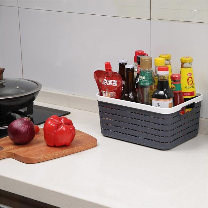 Plastic Storage Bin Baskets, Toilet Paper Basket for Bathroom, Plastic Organizer Shower Caddy with Handles for Living Room (Small Grey 2 pack)