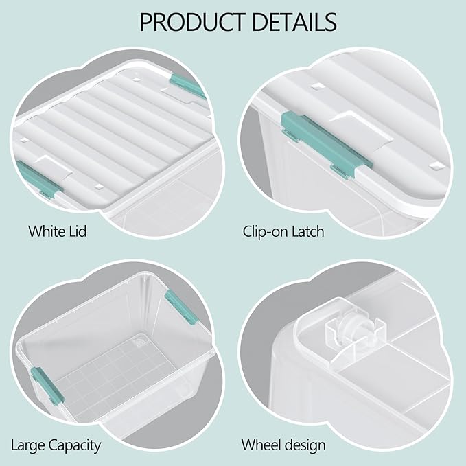 Aninhao 85 Quart Clear Plastic Storage Bin with Wheels, 4-Pack Large Latching Storage Box with Lid