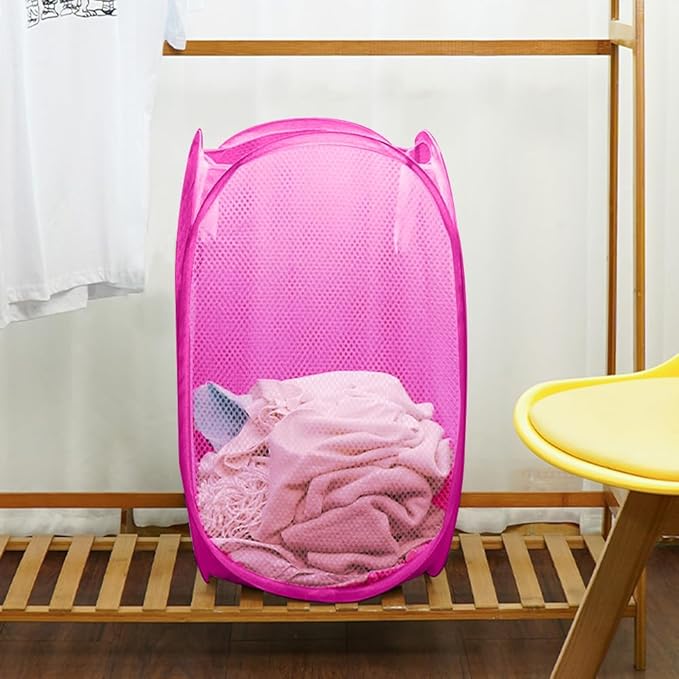 Pop Up Laundry Hamper, Portable Mesh Laundry Basket, Collapsible Clothes Storage Bin for Bedroom, Dormitory, Travel, Home, Rose Red