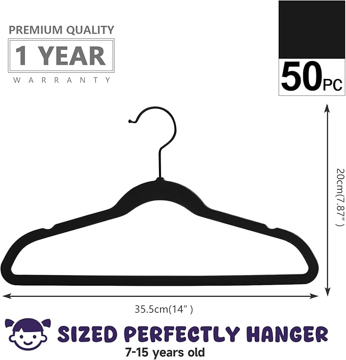 MIZGI Kids Velvet Hangers,Non-Slip Big Kids Hangers,14 Inch Hangers for Youth,Teen Clothes,Pack of 50（Black/Black）