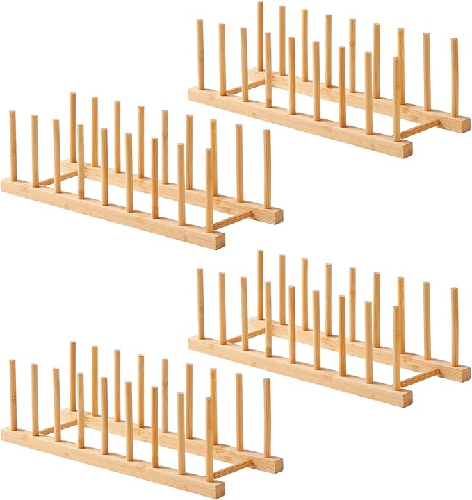 4 PCS Bamboo Dish Dying Rack - Pot Lid Plate Organizer Holder for Cabinet - Cutting Board Organizer-Plate Rack for Dish, Pot Lid, Bowl, Cup, Cutting Board