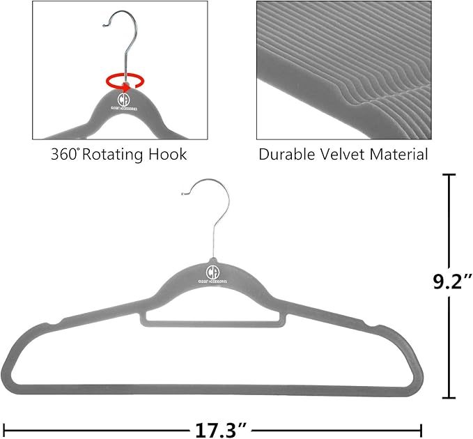 Velvet Hangers, Ultra Slim Space Saving, notches, tie bar, Swivel Hook, with 20 Bonus Matching Velvet Finger Clips. 30 Pack (Charcoal)
