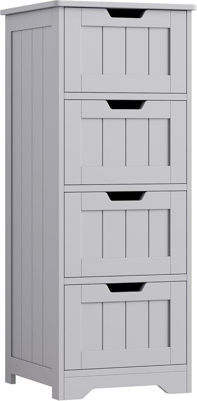FOTOSOK Bathroom Storage Cabinet, Bathroom Cabinet with 4 Drawers, 11.8” x 11.8” x 32.5” Freestanding Entryway Cupboard Storage Organizer Unit Home Furniture Decor, Grey