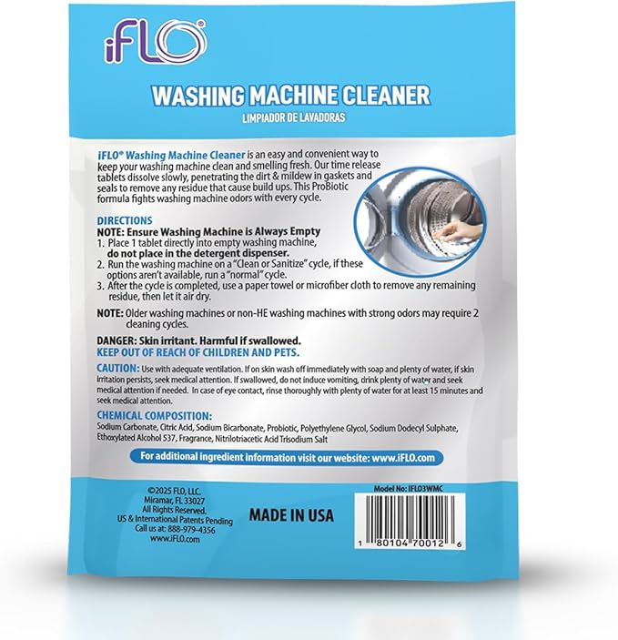 iFLO Washing Machine Cleaner Tablets – Powerful Washer Machine Cleaning and Deodorizer Tablets for Front Load, Top Load, and High-Efficiency Washer Cleaner, 3 Pack
